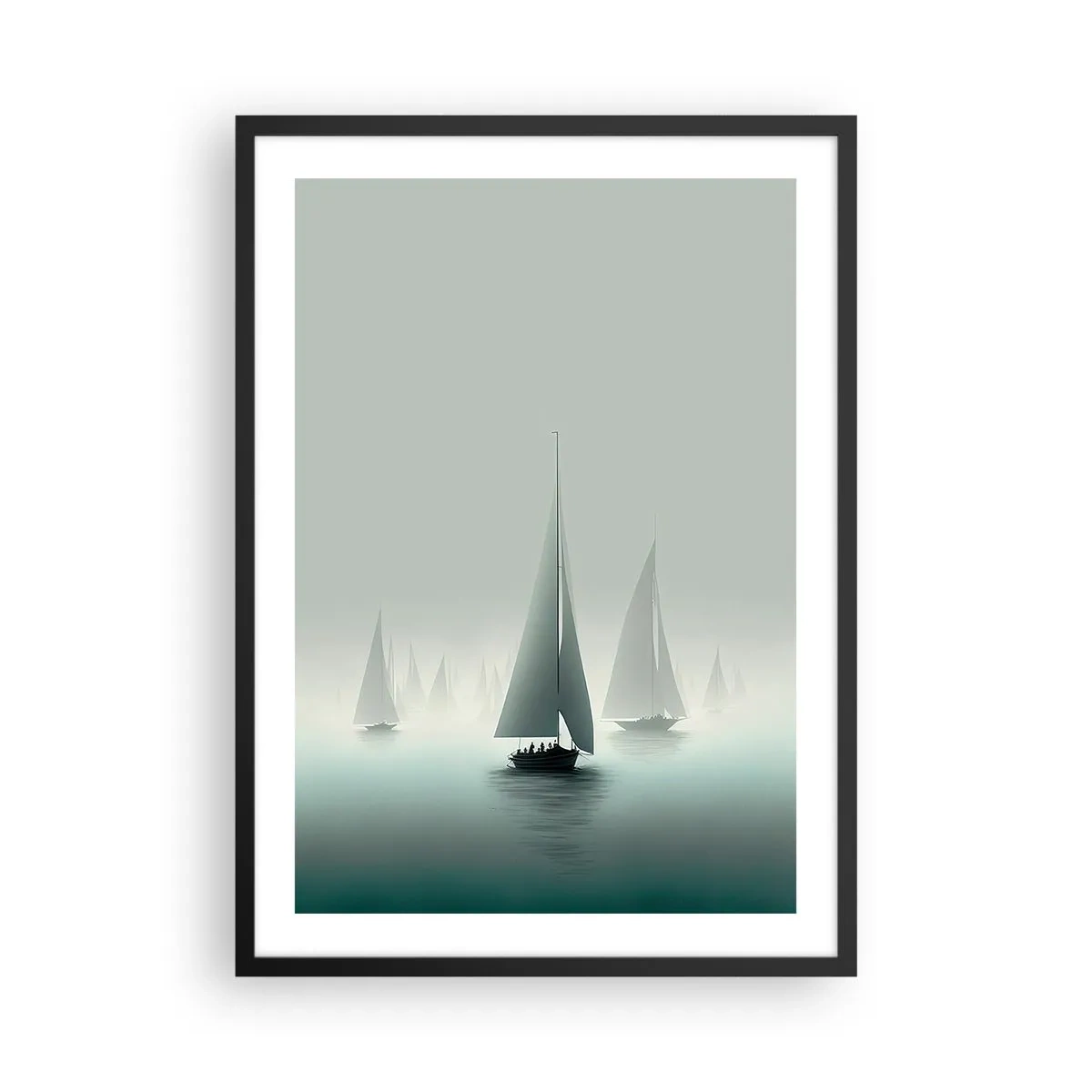 Poster in black frame - A group of sailboats sailing on a misty sea, surrounded by calm waters. - 50x70cm - Built from Fog - Modern wall decoration for the living room and bedroom ARTTOR