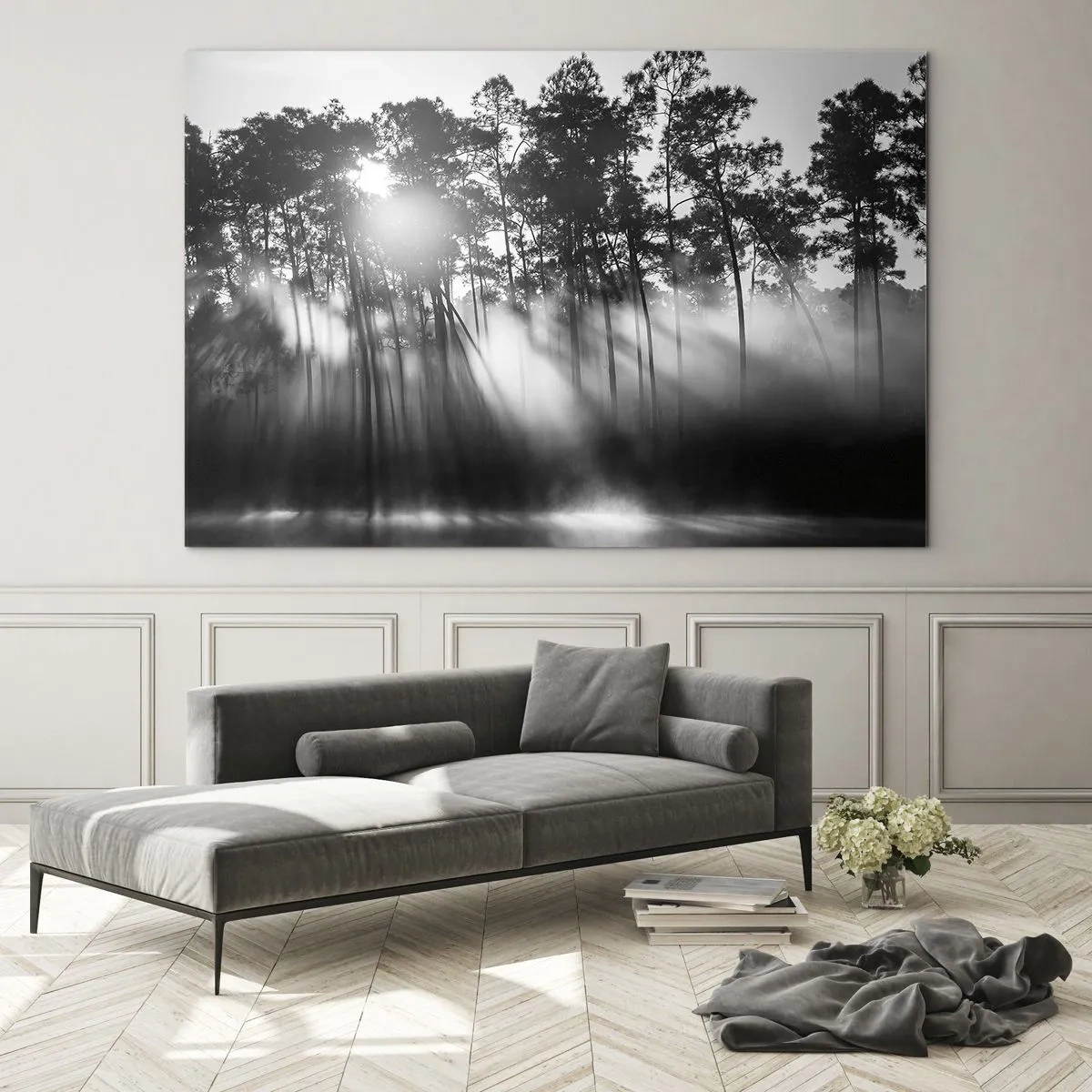 Glass picture - Black and white trees in a forest with sun rays in the haze - 70x50cm - Unstoppable Sun - Modern wall decoration for the living room and bedroom ARTTOR