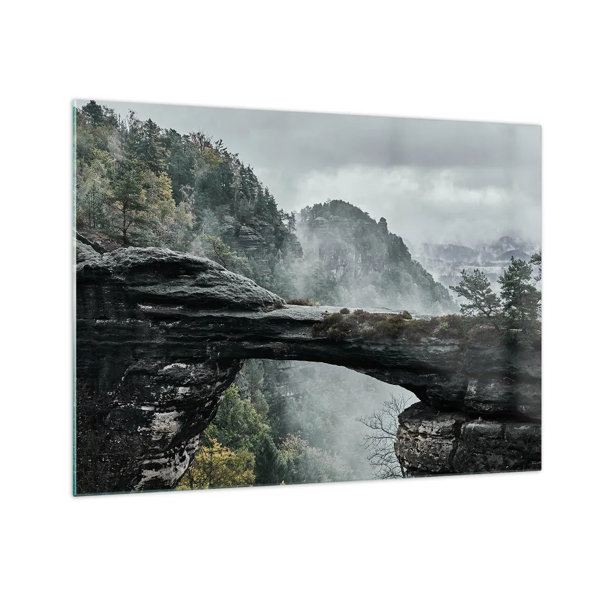 Glass picture - A stone bridge among misty mountains and a forest landscape - 70x50cm - Adventure Is About to Start - Modern wall decoration for the living room and bedroom ARTTOR