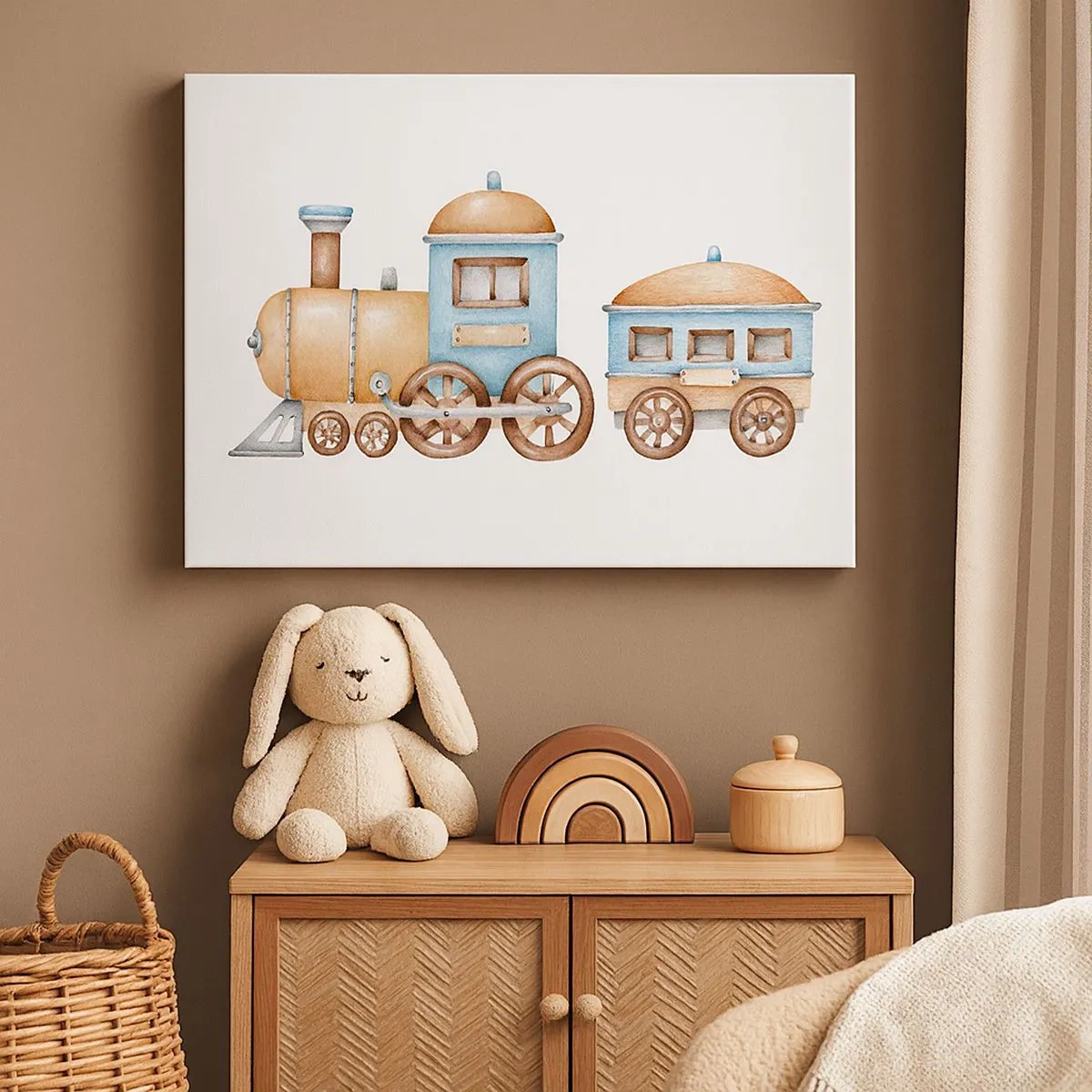 Canvas picture - Drawing of a train in pastel shades on a white background - 70x50cm - Standing at the Station… - Modern wall decoration for the living room and bedroom ARTTOR