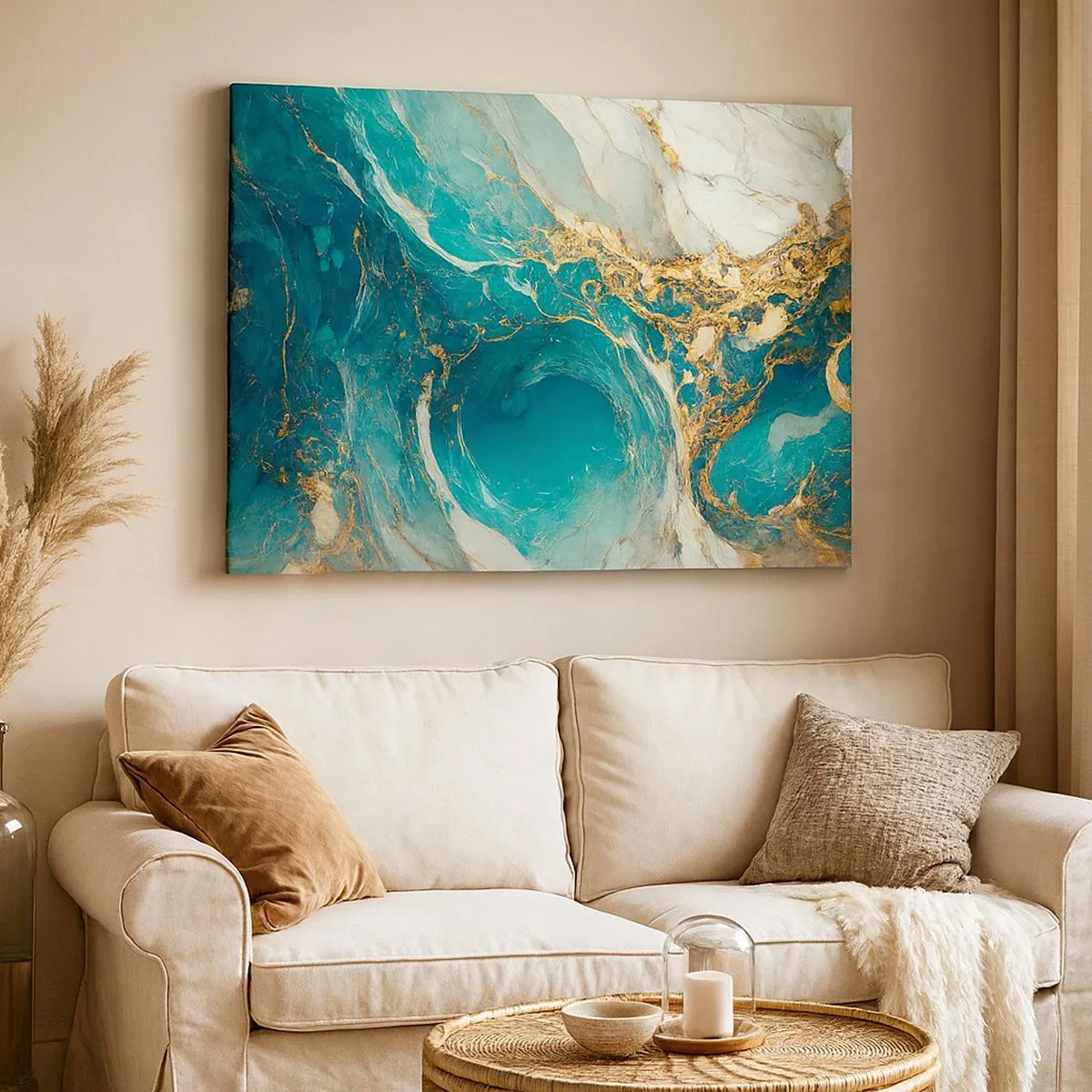 Canvas picture - An abstract composition in shades of turquoise and gold. - 70x50cm - Composition with Veins of Gold - Modern wall decoration for the living room and bedroom ARTTOR