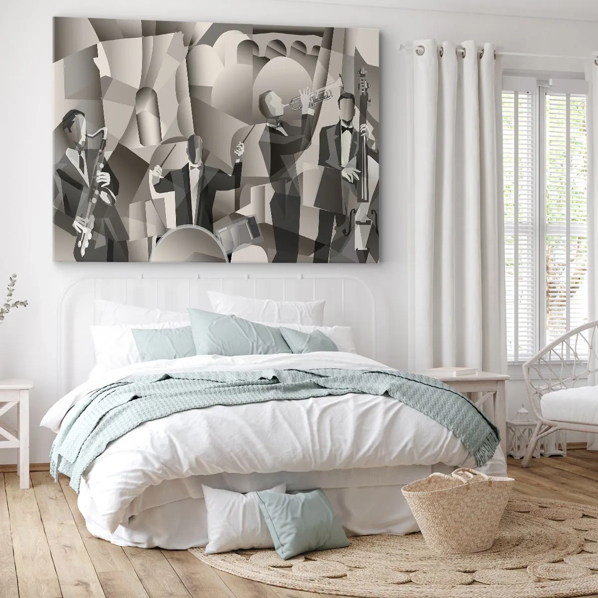 Canvas picture - Abstract scene with jazz musicians in shades of gray. - 70x50cm - In the Space of Sounds - Modern wall decoration for the living room and bedroom ARTTOR