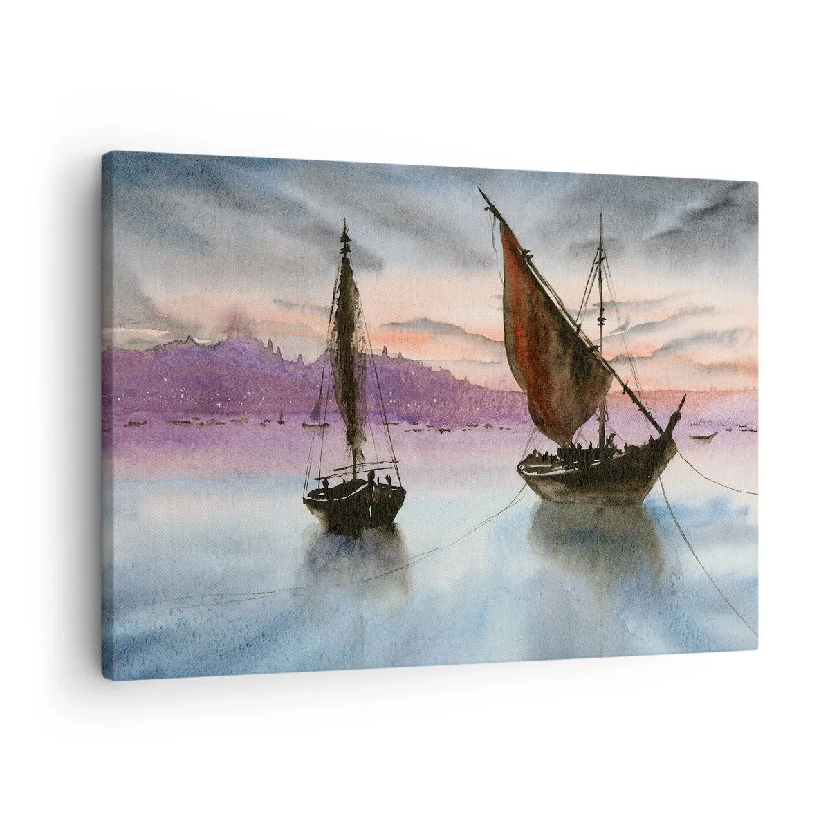 Canvas picture - Two sailing ships moored on calm water at dusk - 70x50cm - Evening at the Port - Modern wall decoration for the living room and bedroom ARTTOR