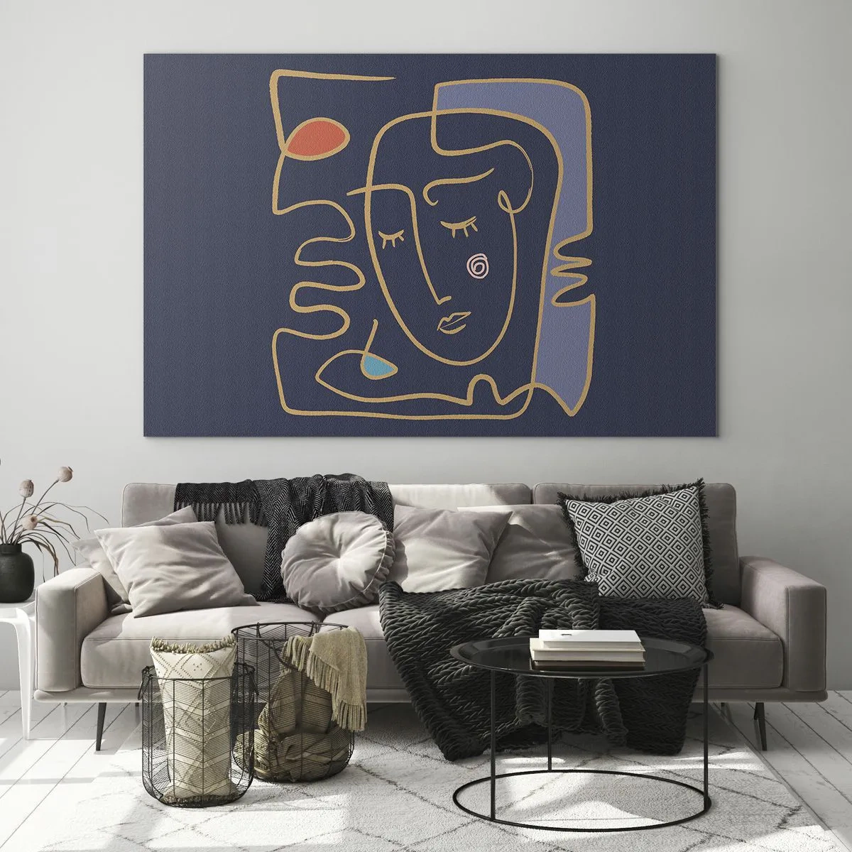 Glass picture - Abstract face in outline on a navy blue background - 70x50cm - Deeply In Thoughts - Modern wall decoration for the living room and bedroom ARTTOR