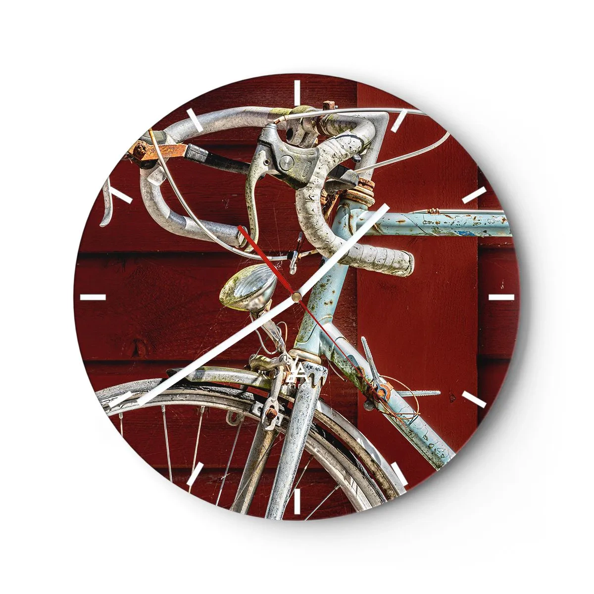 Wall clock - Clock on glass - Close-up of a retro bicycle against a red board - 30x30cm - Born for Victories - Modern wall decoration for the living room, kitchen, and bedroom ARTTOR