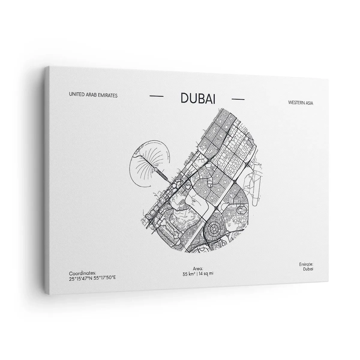 Canvas picture - A minimalist black and white map of Dubai with location markings. - 70x50cm - Anatomy of Dubai - Modern wall decoration for the living room and bedroom ARTTOR