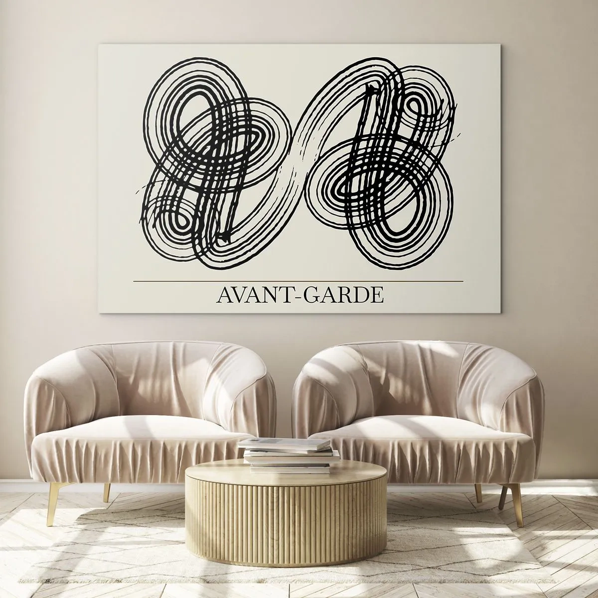 Glass picture - Black avant-garde loops and lines on a light background - 70x50cm - Spontaneous Result - Modern wall decoration for the living room and bedroom ARTTOR