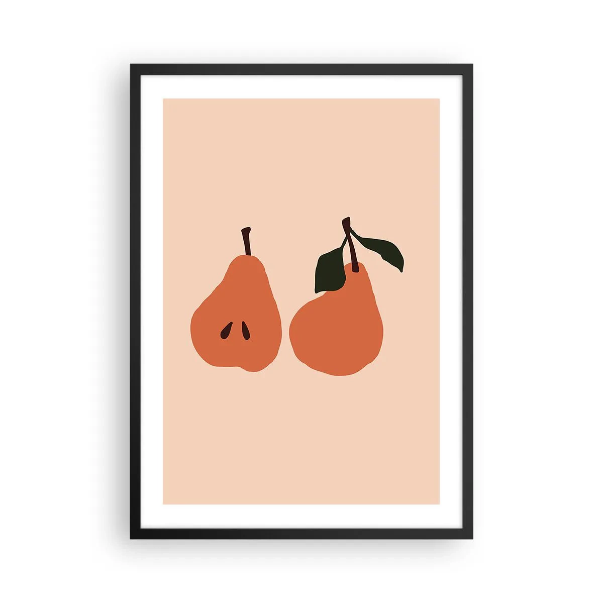 Poster in black frame - A minimalist illustration of two pears on a beige background. - 50x70cm - Overly Sweet - Modern wall decoration for the living room and bedroom ARTTOR