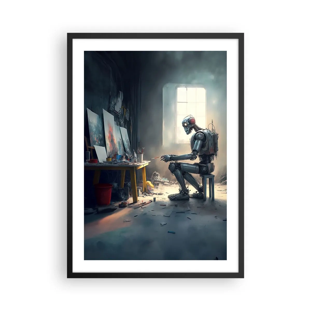 Poster in black frame - Robot artist painting pictures in his studio - 50x70cm - Act of Creation - Modern wall decoration for the living room and bedroom ARTTOR