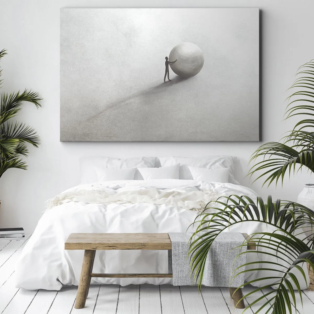 Canvas picture - A minimalist figure with a ball on a light, monochromatic background. - 70x50cm - Game of Life - Modern wall decoration for the living room and bedroom ARTTOR
