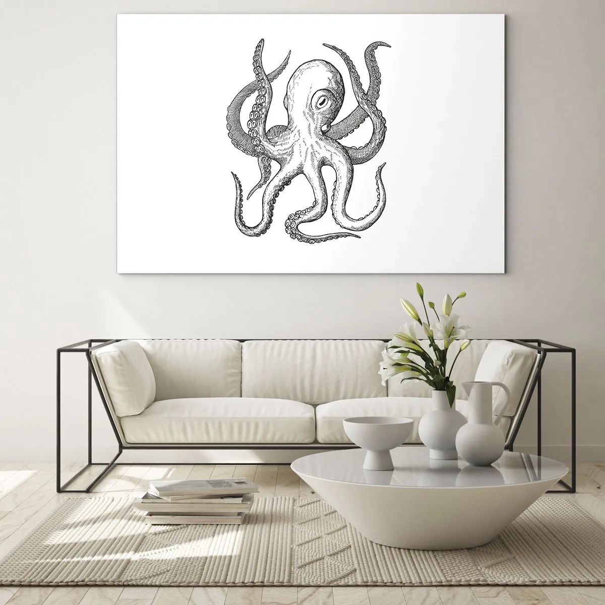 Glass picture - Black and white drawing of an octopus on a white background - 70x50cm - Dancing with the Waves - Modern wall decoration for the living room and bedroom ARTTOR