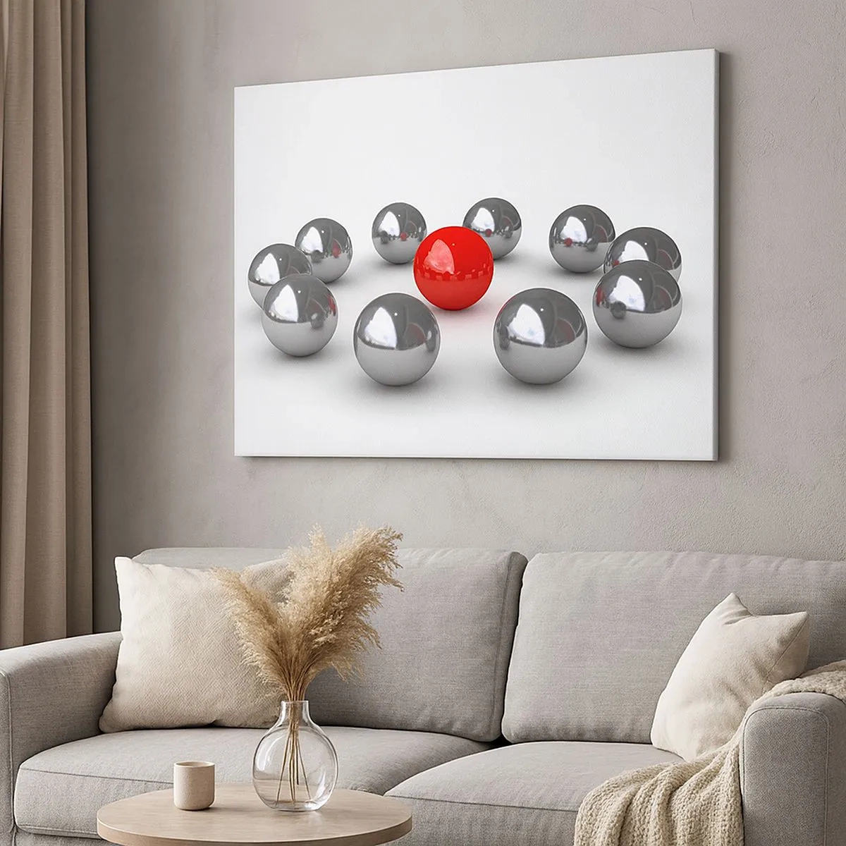 Canvas picture - A red ball surrounded by silver balls on a white background - 70x50cm - Circle in Silver and Red - Modern wall decoration for the living room and bedroom ARTTOR