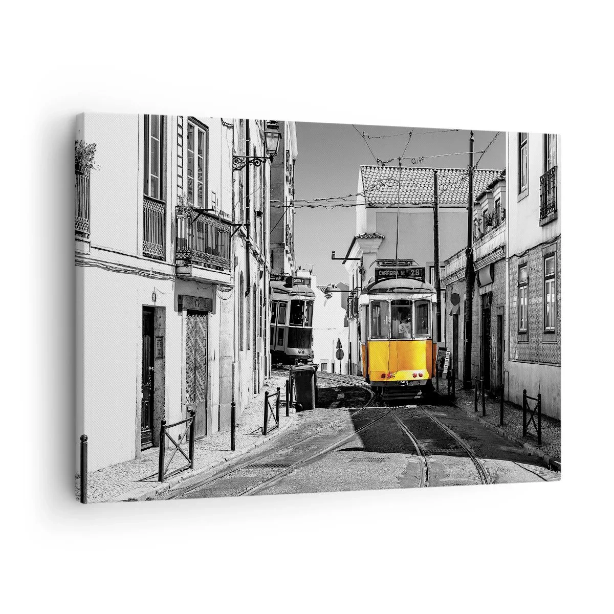 Canvas picture - A yellow tram on the streets of Lisbon in a monochromatic setting - 70x50cm - Spirit of Lisbon - Modern wall decoration for the living room and bedroom ARTTOR