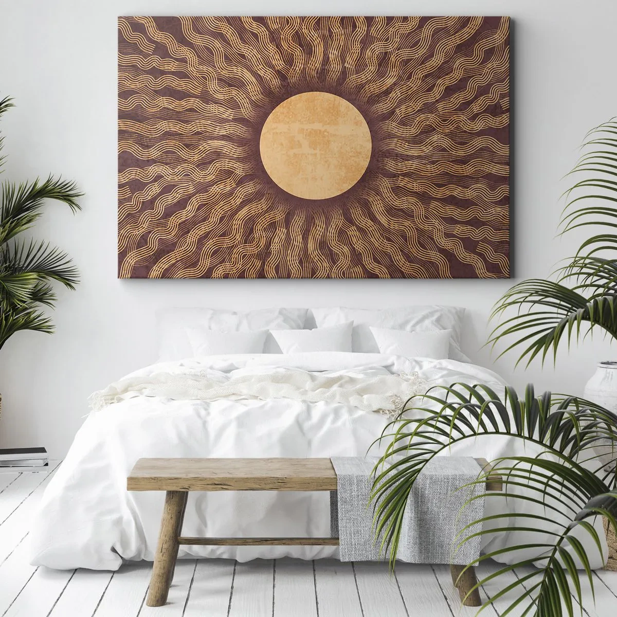 Canvas picture - Sunny pattern with rays on a background in shades of brown - 70x50cm - Sun Icon - Modern wall decoration for the living room and bedroom ARTTOR