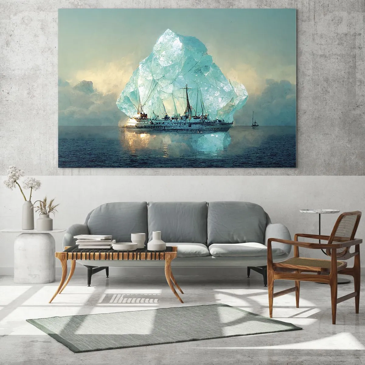 Glass picture - A sailing ship in front of a huge glacier in the Arctic light. - 70x50cm - Arctic Diamond - Modern wall decoration for the living room and bedroom ARTTOR