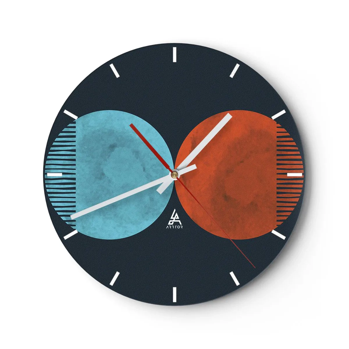 Wall clock - Clock on glass - A combination of blue and red circles with geometric lines - 30x30cm - Only Geometry? - Modern wall decoration for the living room, kitchen, and bedroom ARTTOR