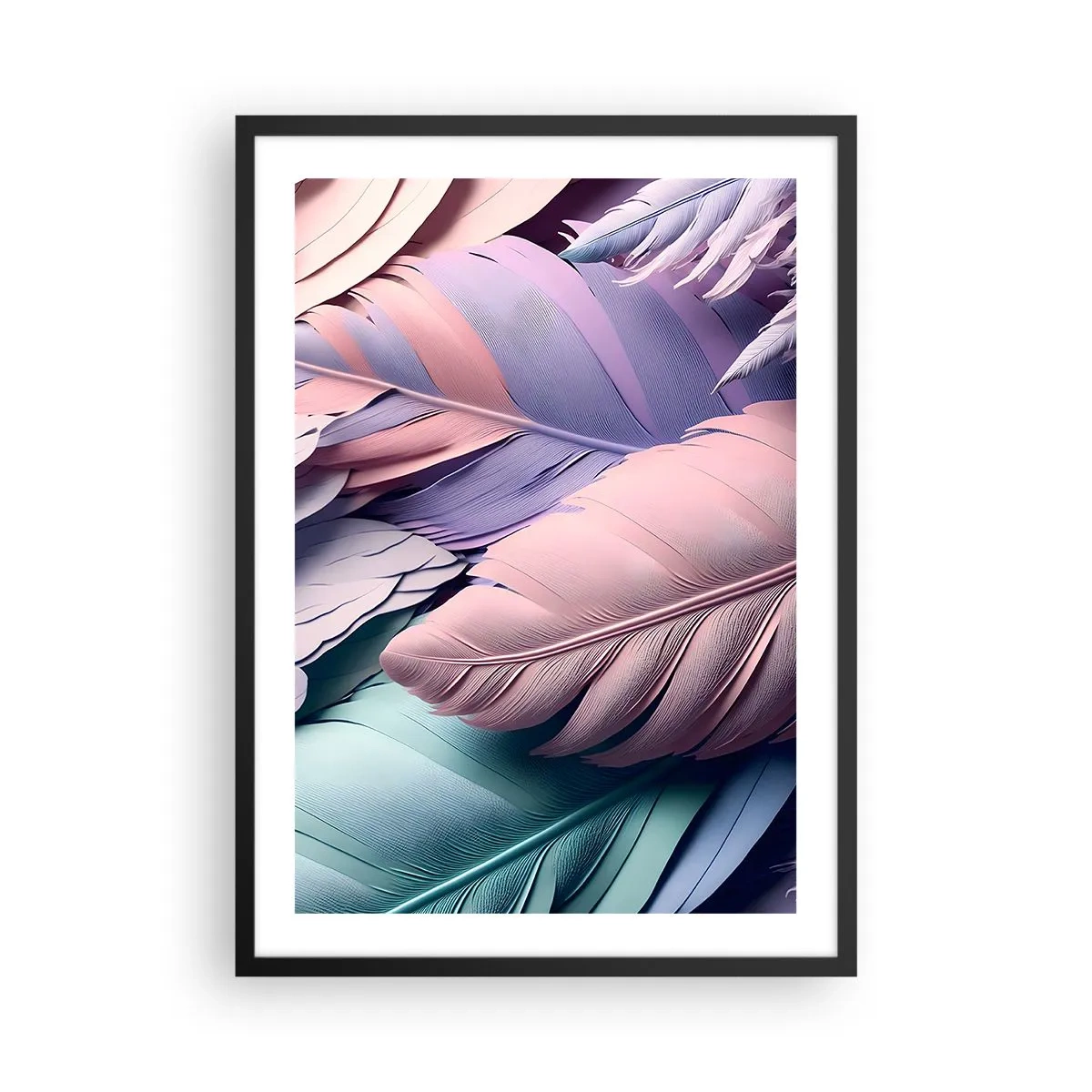 Poster in black frame - Pastel feathers in delicate shades - 50x70cm - Birdie Chic - Modern wall decoration for the living room and bedroom ARTTOR