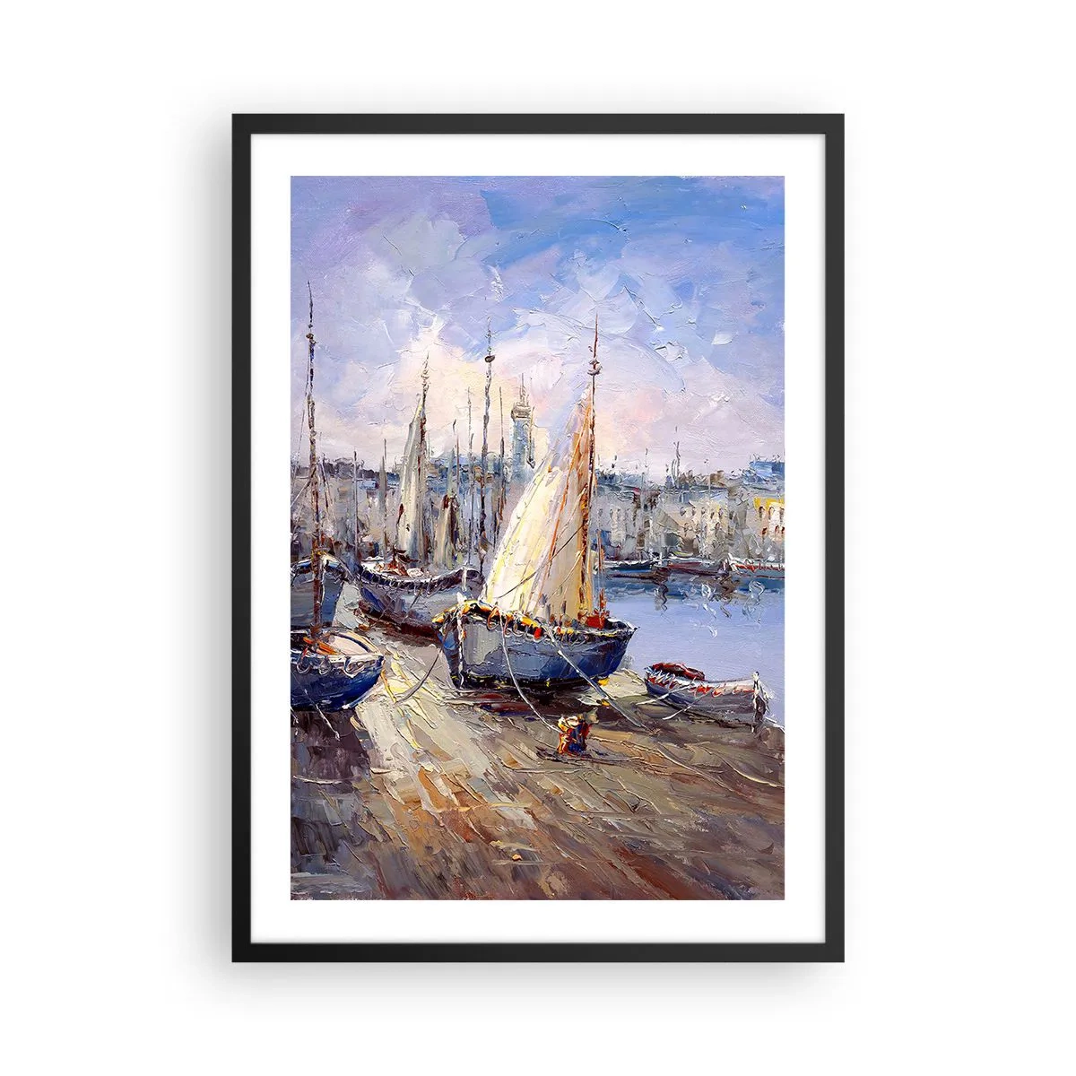 Poster in black frame - Sailboats in a picturesque port lit by the sun's rays - 50x70cm - Town by the Bay - Modern wall decoration for the living room and bedroom ARTTOR