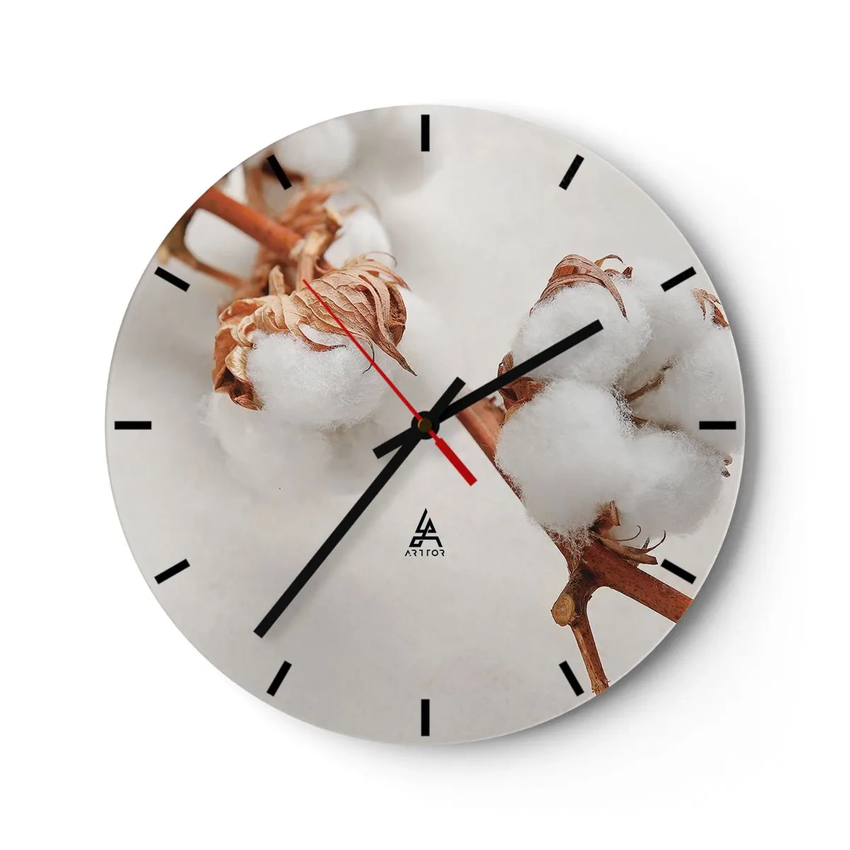 Wall clock - Clock on glass - White fluffy cotton flowers on a light background - 30x30cm - Just Cuddle It - Modern wall decoration for the living room, kitchen, and bedroom ARTTOR