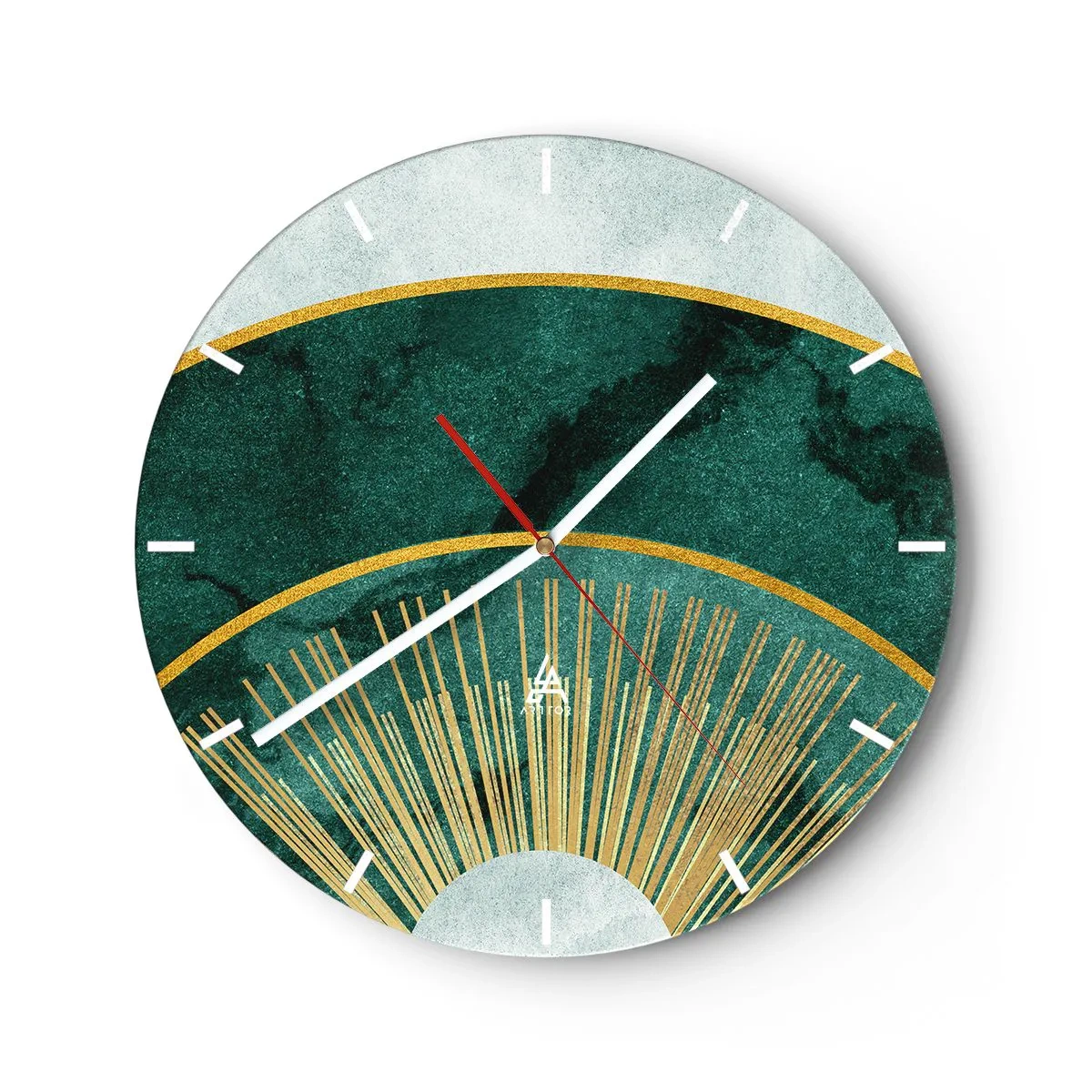 Wall clock - Clock on glass - Green and gold graphics with rays reminiscent of a sunrise - 30x30cm - Another Solar System - Modern wall decoration for the living room, kitchen, and bedroom ARTTOR