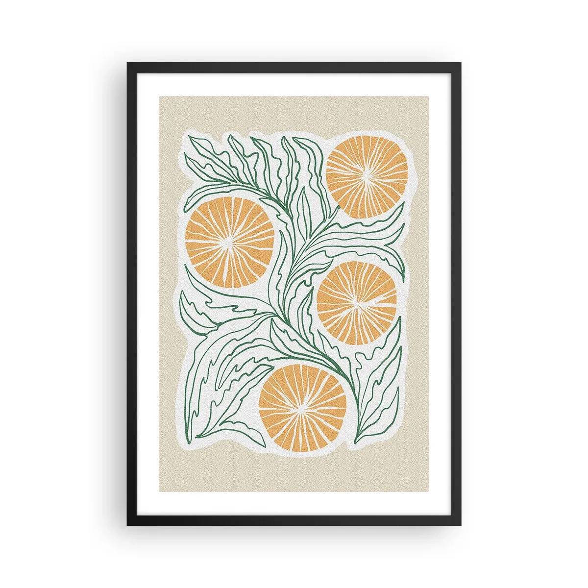 Poster in black frame - Abstract composition of leaves and oranges on a beige background - 50x70cm - Ethnic with an Abstract Note - Modern wall decoration for the living room and bedroom ARTTOR