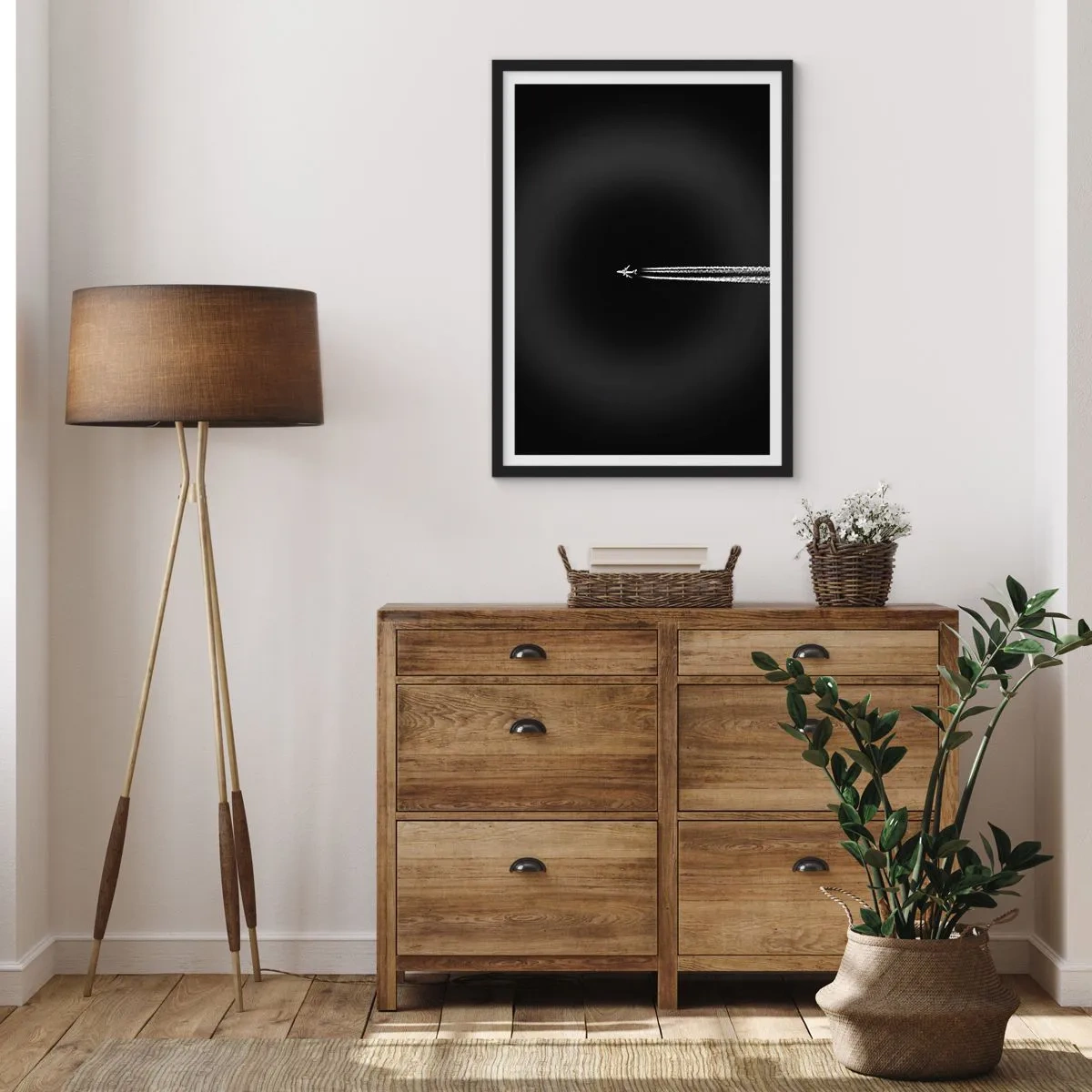 Poster in black frame - An airplane flying against a black background, leaving contrails behind. - 50x70cm - Into Another Dimension - Modern wall decoration for the living room and bedroom ARTTOR