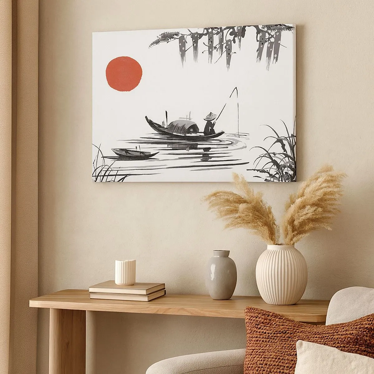 Canvas picture - Oriental landscape with a fisherman on a boat and a red sun - 70x50cm - Asian Afternoon - Modern wall decoration for the living room and bedroom ARTTOR
