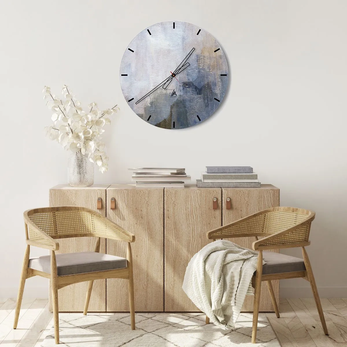 Wall clock - Clock on glass - Abstract composition in shades of blue and gray - 30x30cm - Tones and Chords of Colours - Modern wall decoration for the living room, kitchen, and bedroom ARTTOR