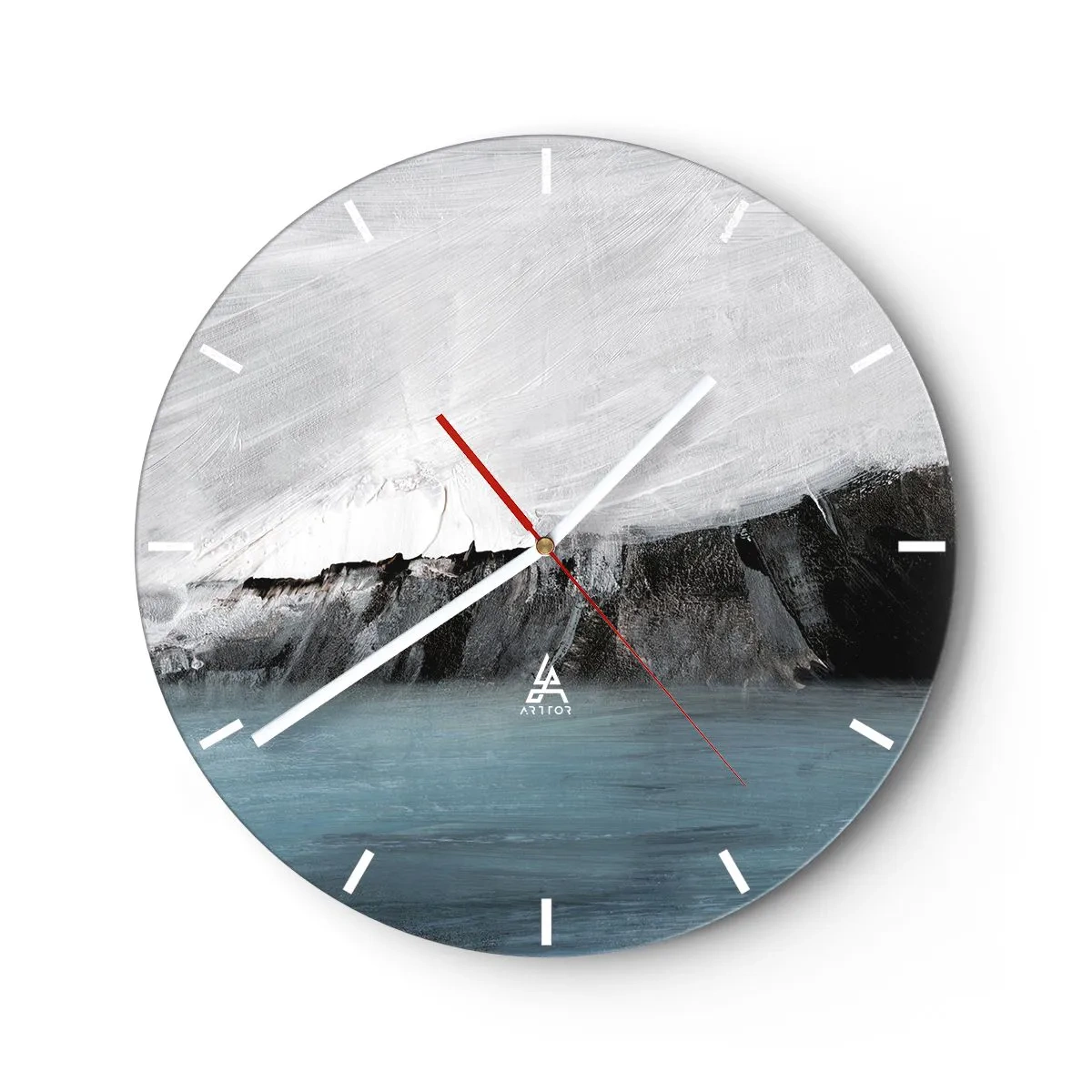 Wall clock - Clock on glass - An artistic clash of white, black and blue in the form of a landscape. - 30x30cm - Water-Earth: Clash of Elements - Modern wall decoration for the living room, kitchen, and bedroom ARTTOR