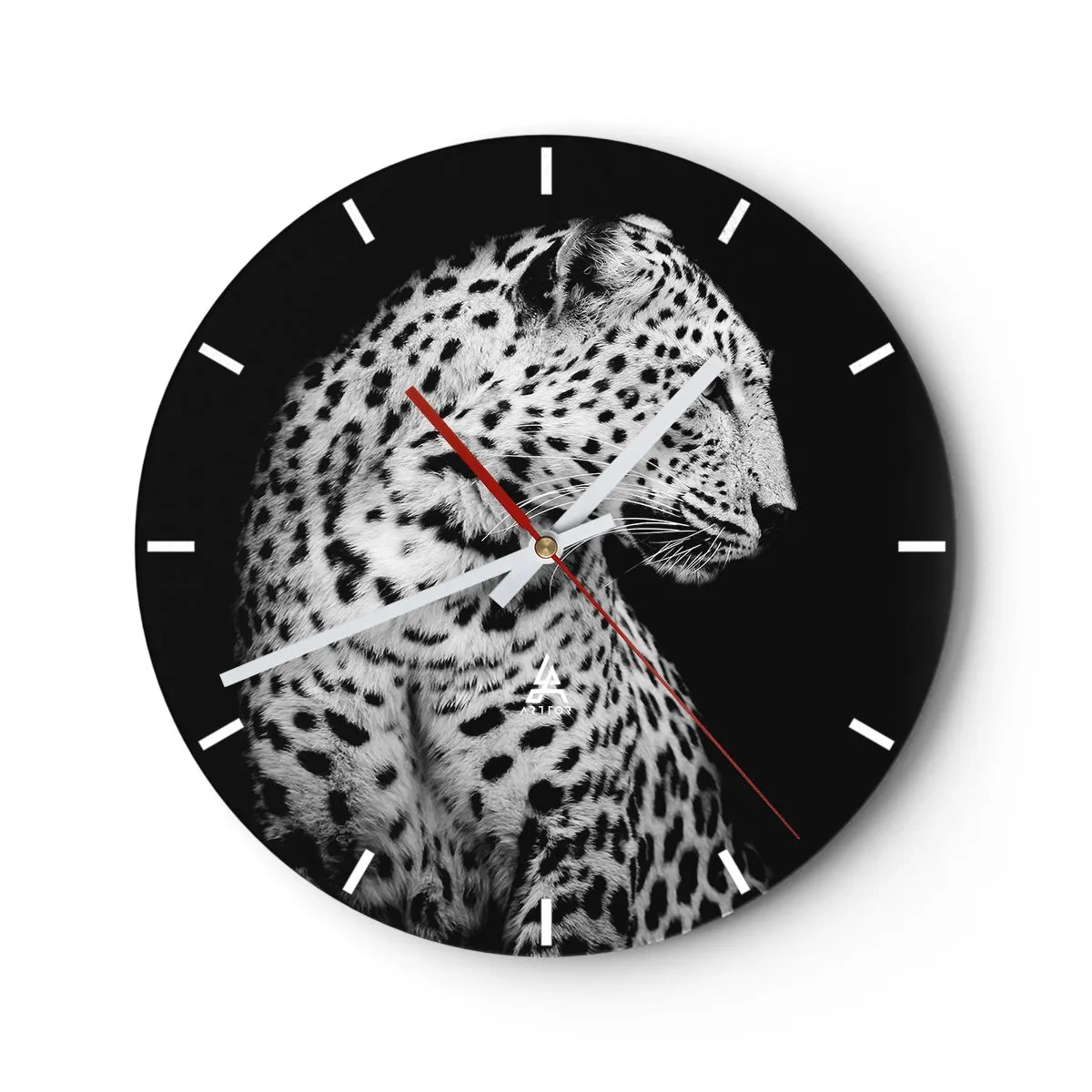 Wall clock - Clock on glass - Black and white portrait of a leopard on a black background - 30x30cm - A Perfect Right Profile - Modern wall decoration for the living room, kitchen, and bedroom ARTTOR