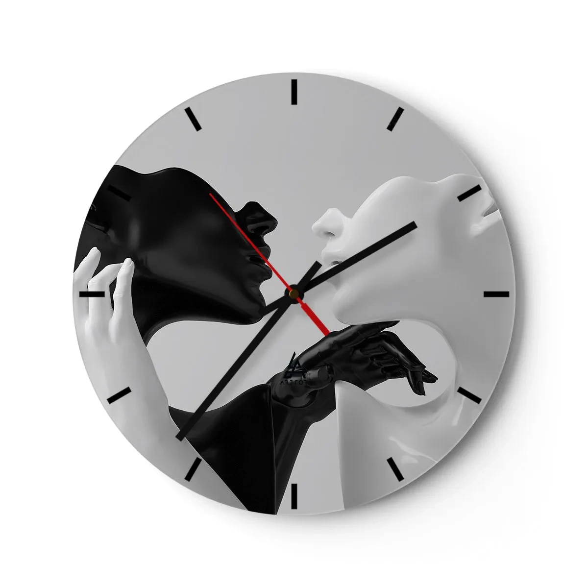Wall clock - Clock on glass - A black and white pair of faces and hands in the act of close-up. - 30x30cm - Attraction - Desire - Modern wall decoration for the living room, kitchen, and bedroom ARTTOR