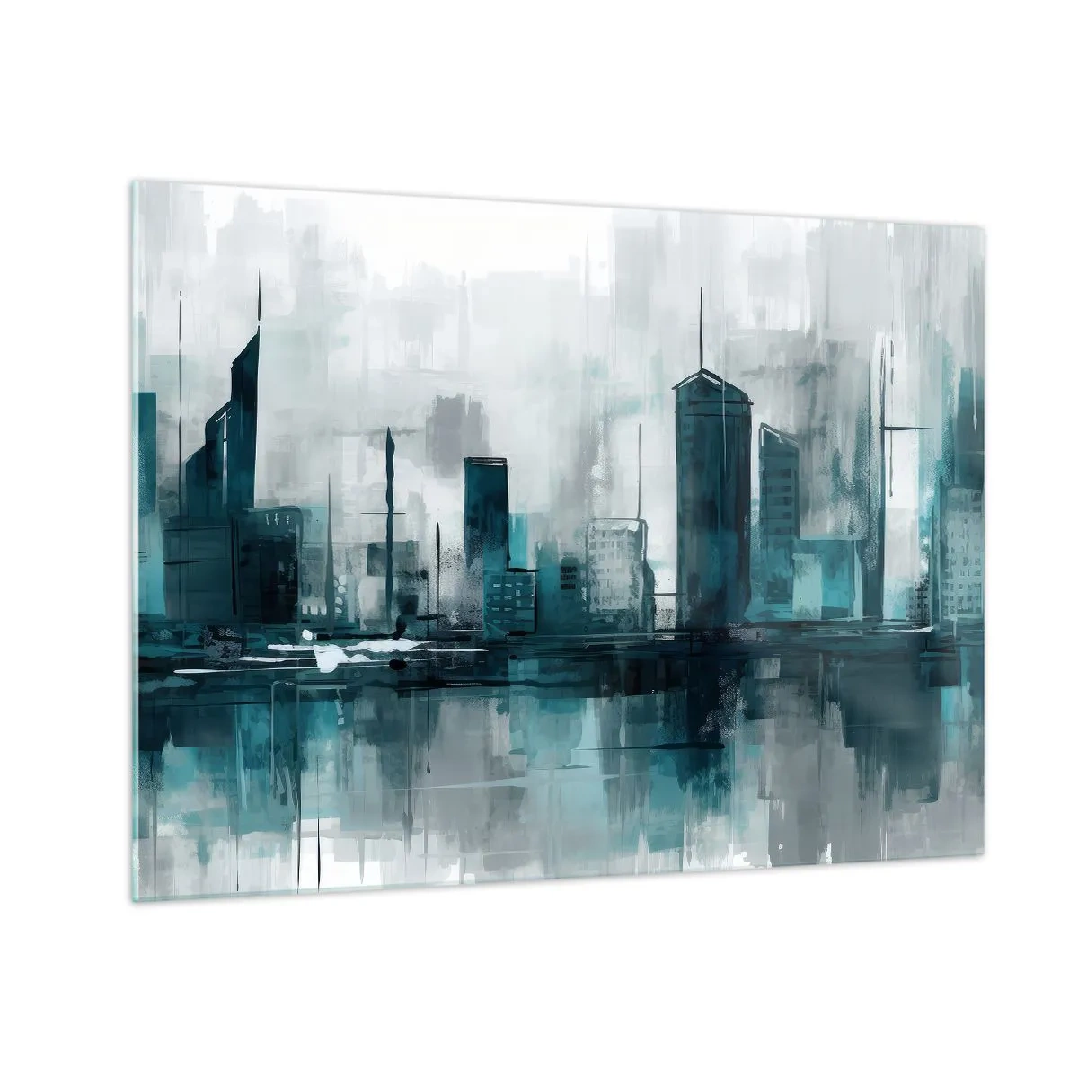 Glass picture - A modern city in shades of blue and gray - 70x50cm - City in the Colour of Rain - Modern wall decoration for the living room and bedroom ARTTOR