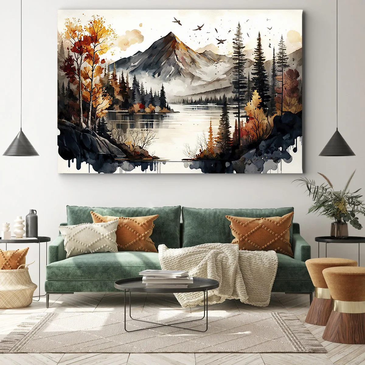 Canvas picture - Autumn mountain landscape with a lake and trees in watercolor - 70x50cm - Golden Autumn in the Mountains - Modern wall decoration for the living room and bedroom ARTTOR