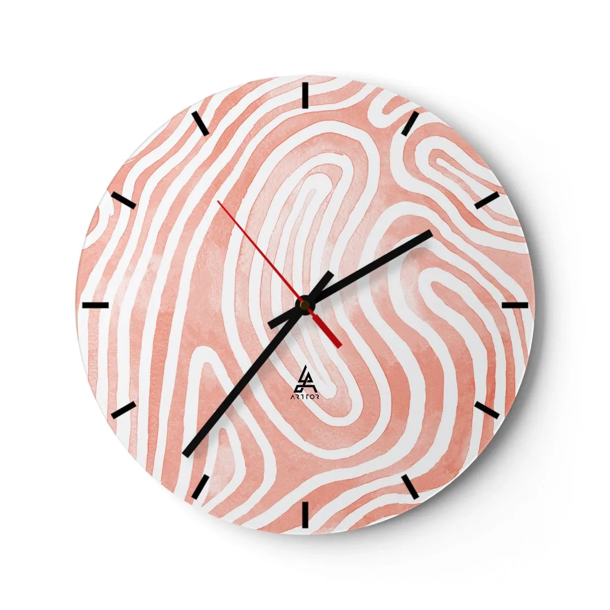 Wall clock - Clock on glass - Abstract pattern resembling fingerprints in pink - 30x30cm - In a Coral Maze - Modern wall decoration for the living room, kitchen, and bedroom ARTTOR