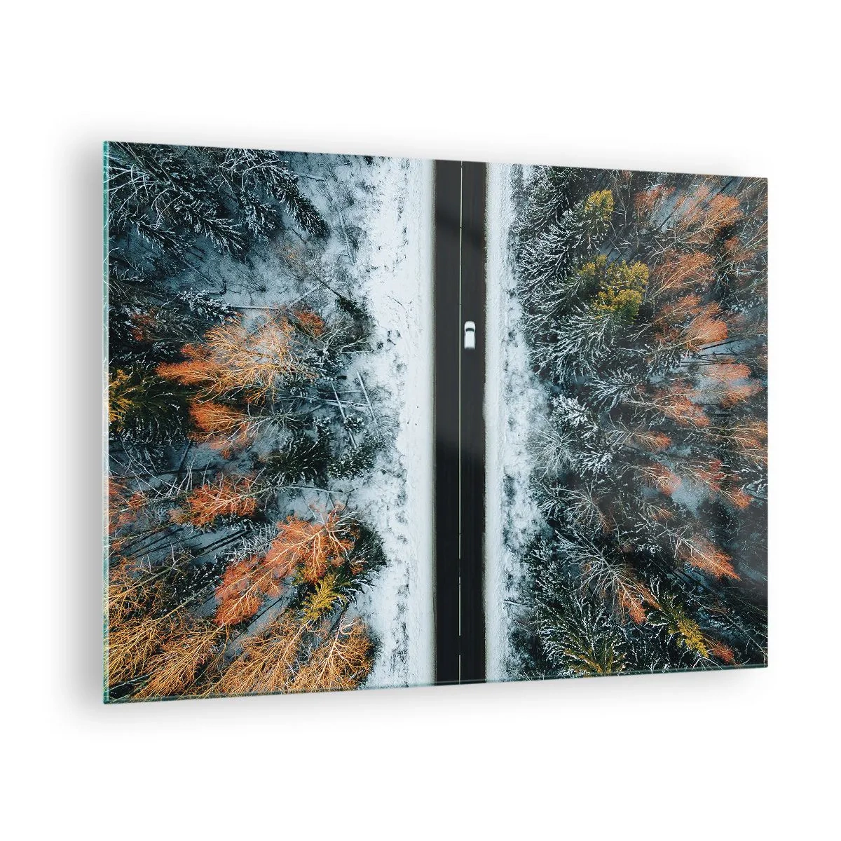 Glass picture - A winter road through a snow-covered forest with colorful trees - 70x50cm - Through a Wintery Forest - Modern wall decoration for the living room and bedroom ARTTOR