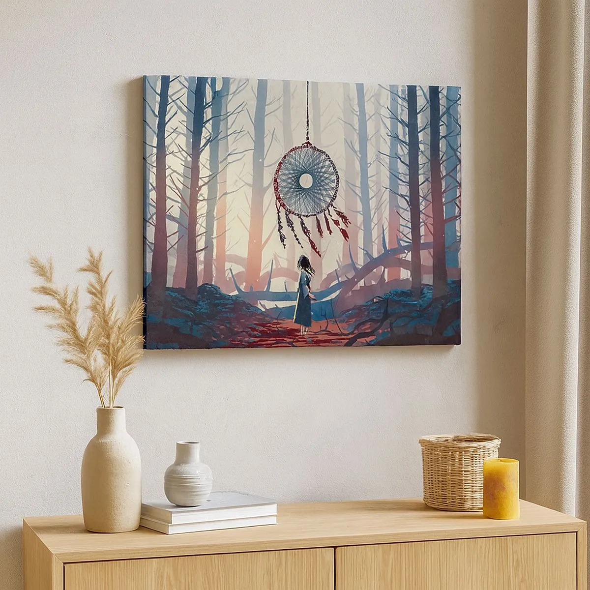 Canvas picture - Forest scene with a giant dream catcher - 70x50cm - Mysterious Ritual of Life - Modern wall decoration for the living room and bedroom ARTTOR