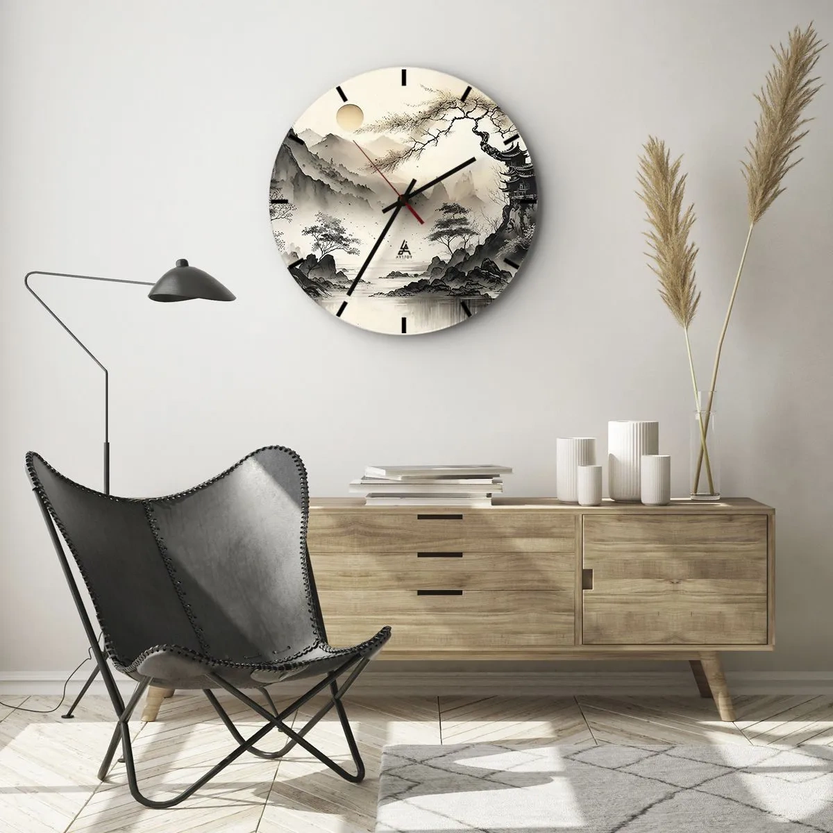 Wall clock - Clock on glass - Chinese ink painting of a mountain landscape with a pagoda and a misty valley - 30x30cm - Unique Charm of the Orient - Modern wall decoration for the living room, kitchen, and bedroom ARTTOR