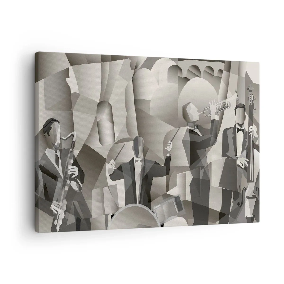 Canvas picture - Abstract scene with jazz musicians in shades of gray. - 70x50cm - In the Space of Sounds - Modern wall decoration for the living room and bedroom ARTTOR
