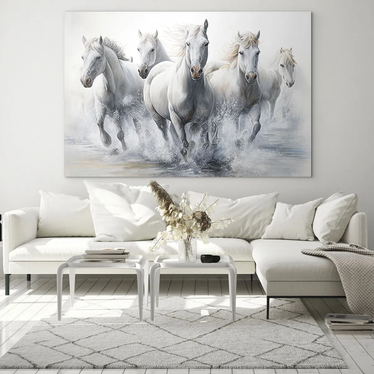 Glass picture - White horses galloping through water in a dynamic composition - 70x50cm - White Magic - Modern wall decoration for the living room and bedroom ARTTOR