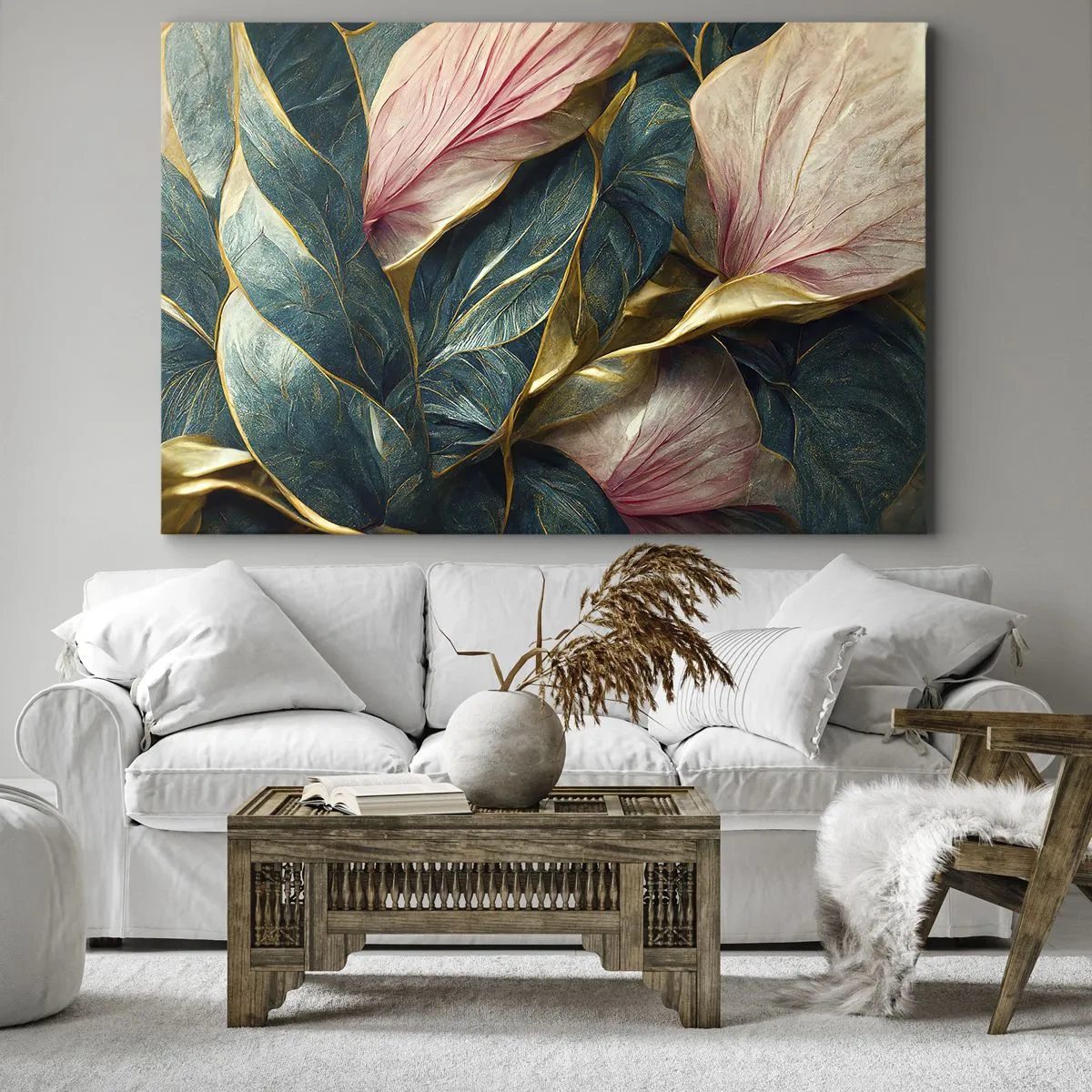 Canvas picture - Elegant leaves in green, gold and pink - 70x50cm - Natural Elegance and Style - Modern wall decoration for the living room and bedroom ARTTOR