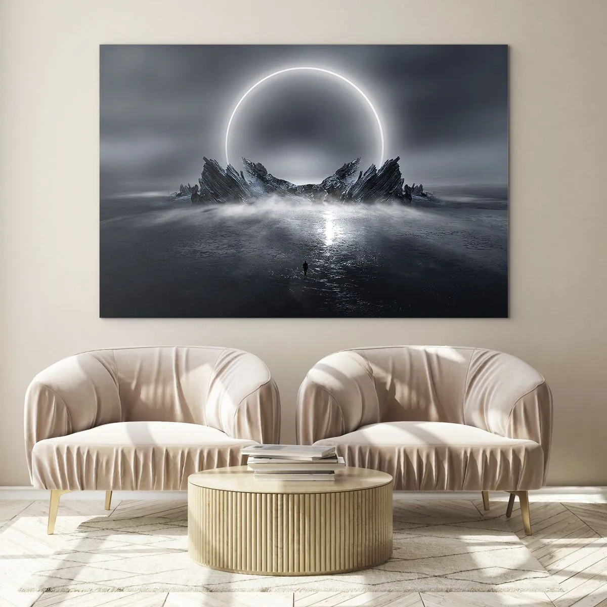 Glass picture - Dark scene with eclipse and rocky island - 70x50cm - The End of a Story - Modern wall decoration for the living room and bedroom ARTTOR