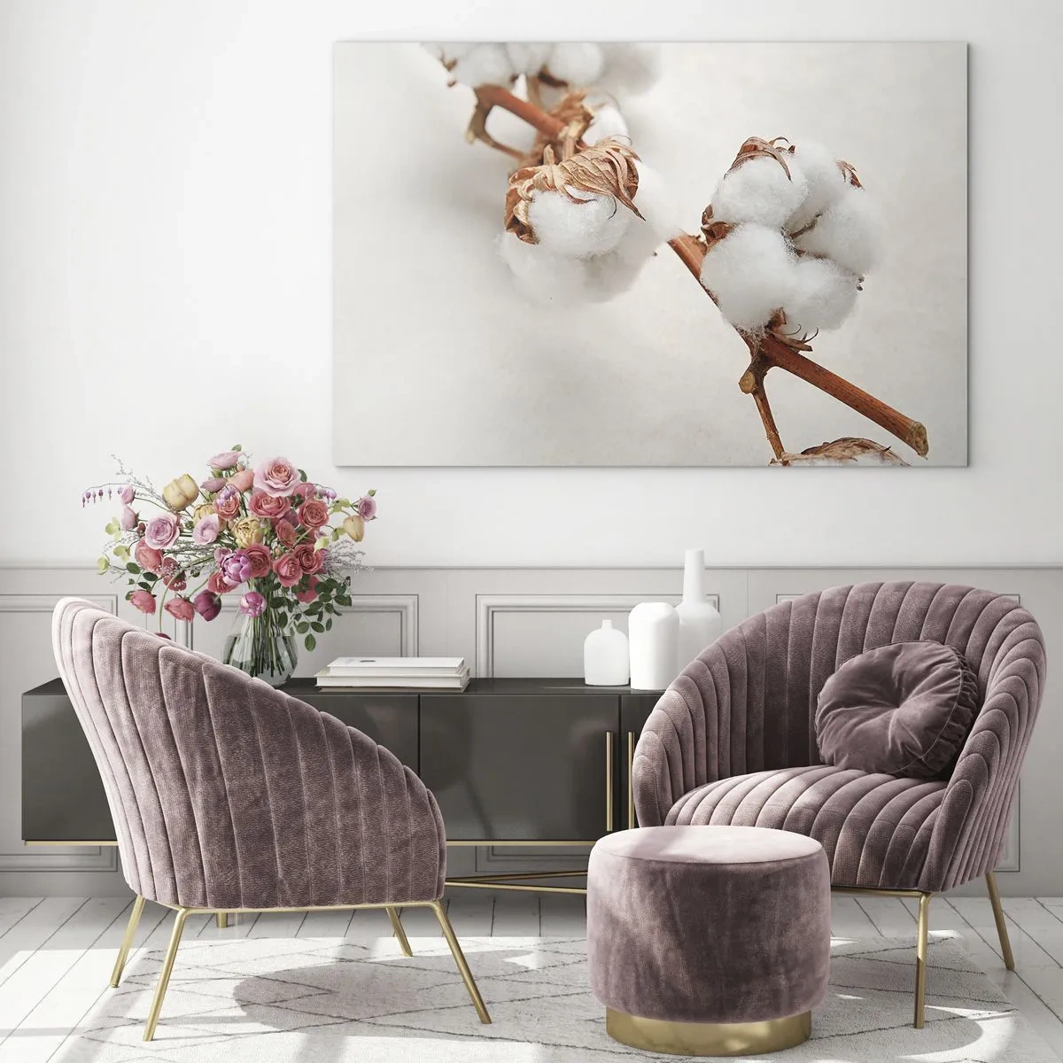 Glass picture - Close-up of a cotton branch against a light background - 70x50cm - Just Cuddle It - Modern wall decoration for the living room and bedroom ARTTOR