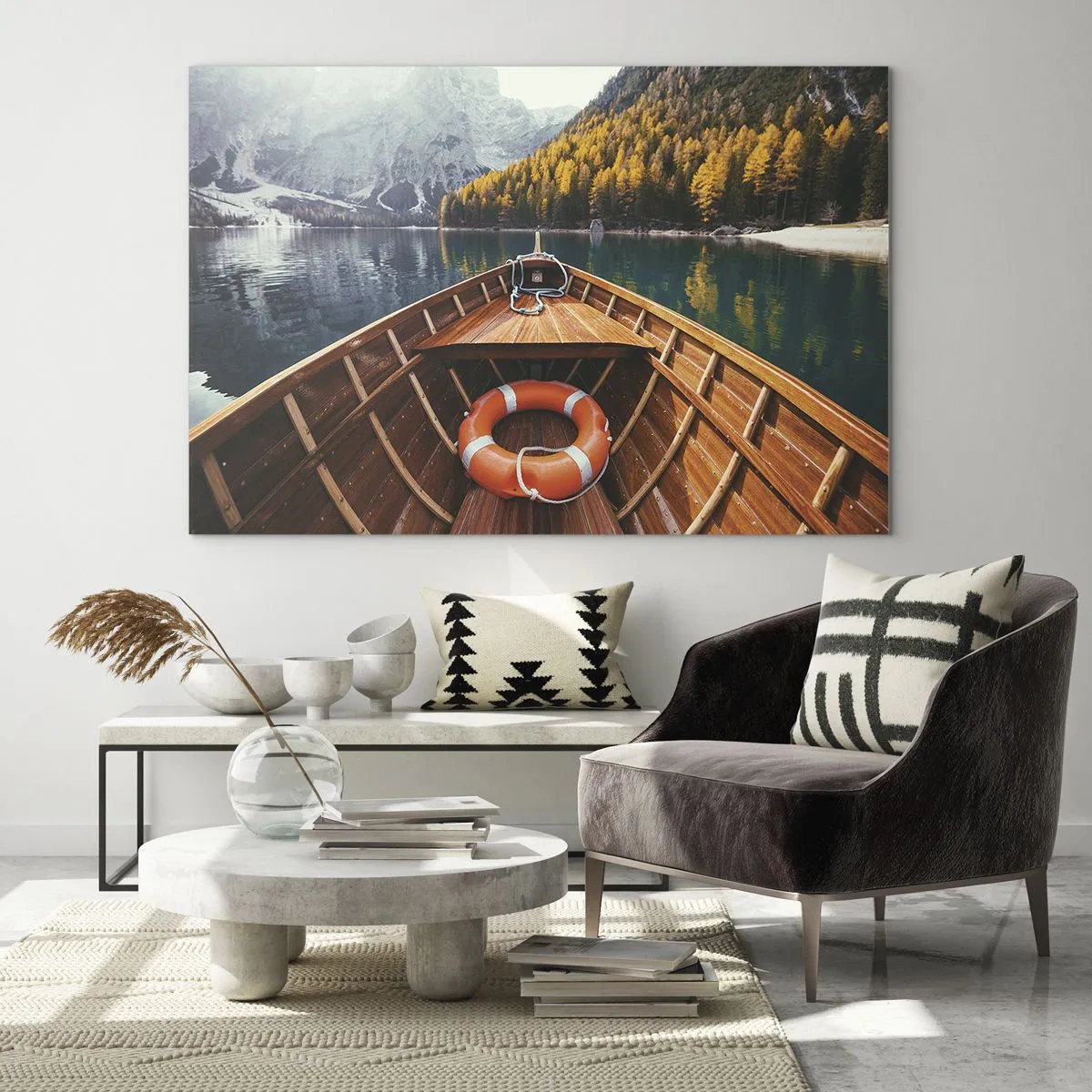 Glass picture - View from a wooden boat of a mountain lake and an autumn forest - 70x50cm - Mountain Hike - Modern wall decoration for the living room and bedroom ARTTOR