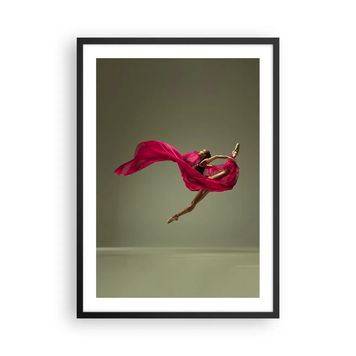 Poster in black frame - A ballerina in red fabric performs a dynamic jump. - 50x70cm - Dancing Flame - Modern wall decoration for the living room and bedroom ARTTOR