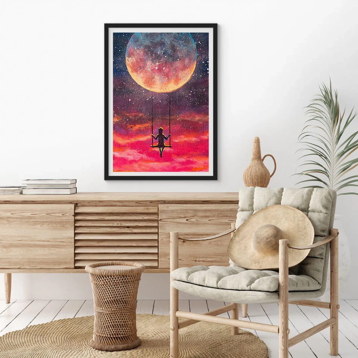 Poster in black frame - Girl on a Swing Under the Full Moon - 50x70cm - Swinging in the Clouds - Modern wall decoration for the living room and bedroom ARTTOR
