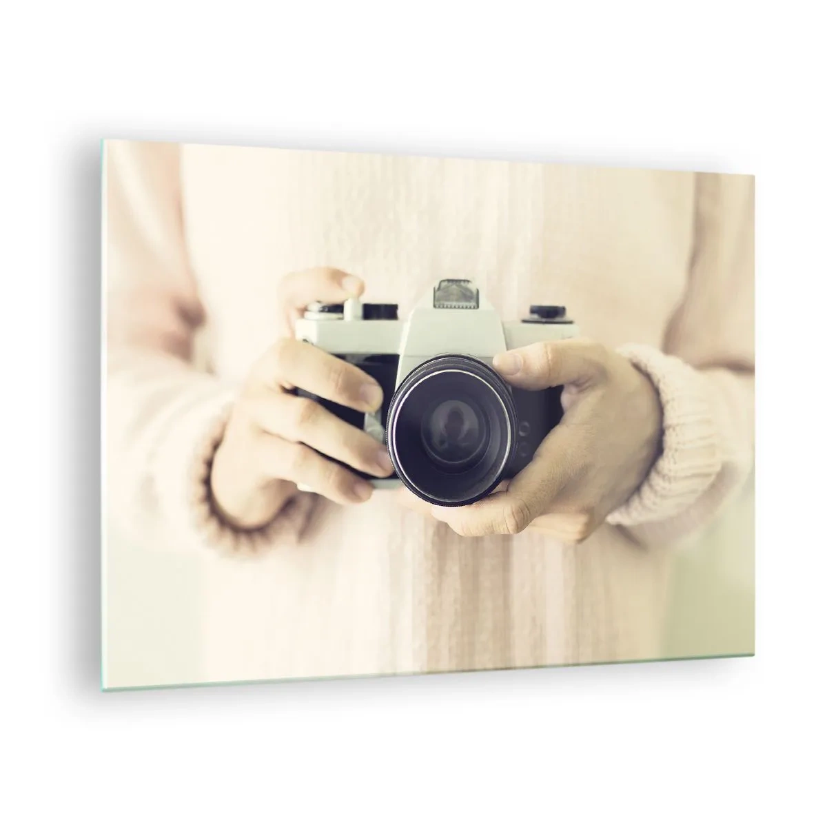 Glass picture - A person holding a classic camera in his hands - 70x50cm - To Know More… - Modern wall decoration for the living room and bedroom ARTTOR