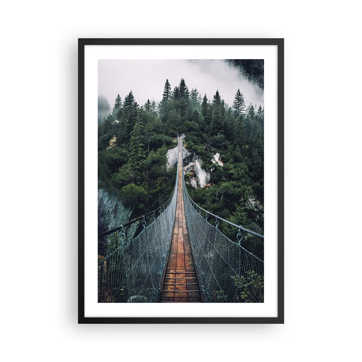 Poster in black frame - A hanging bridge through a dense, misty forest - 50x70cm - Only for Eagles - Modern wall decoration for the living room and bedroom ARTTOR