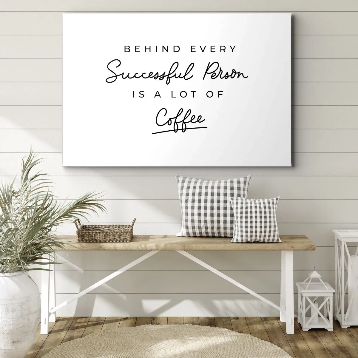 Canvas picture - A minimalist quote about success and coffee on a white background. - 70x50cm - Secret of Success - Modern wall decoration for the living room and bedroom ARTTOR