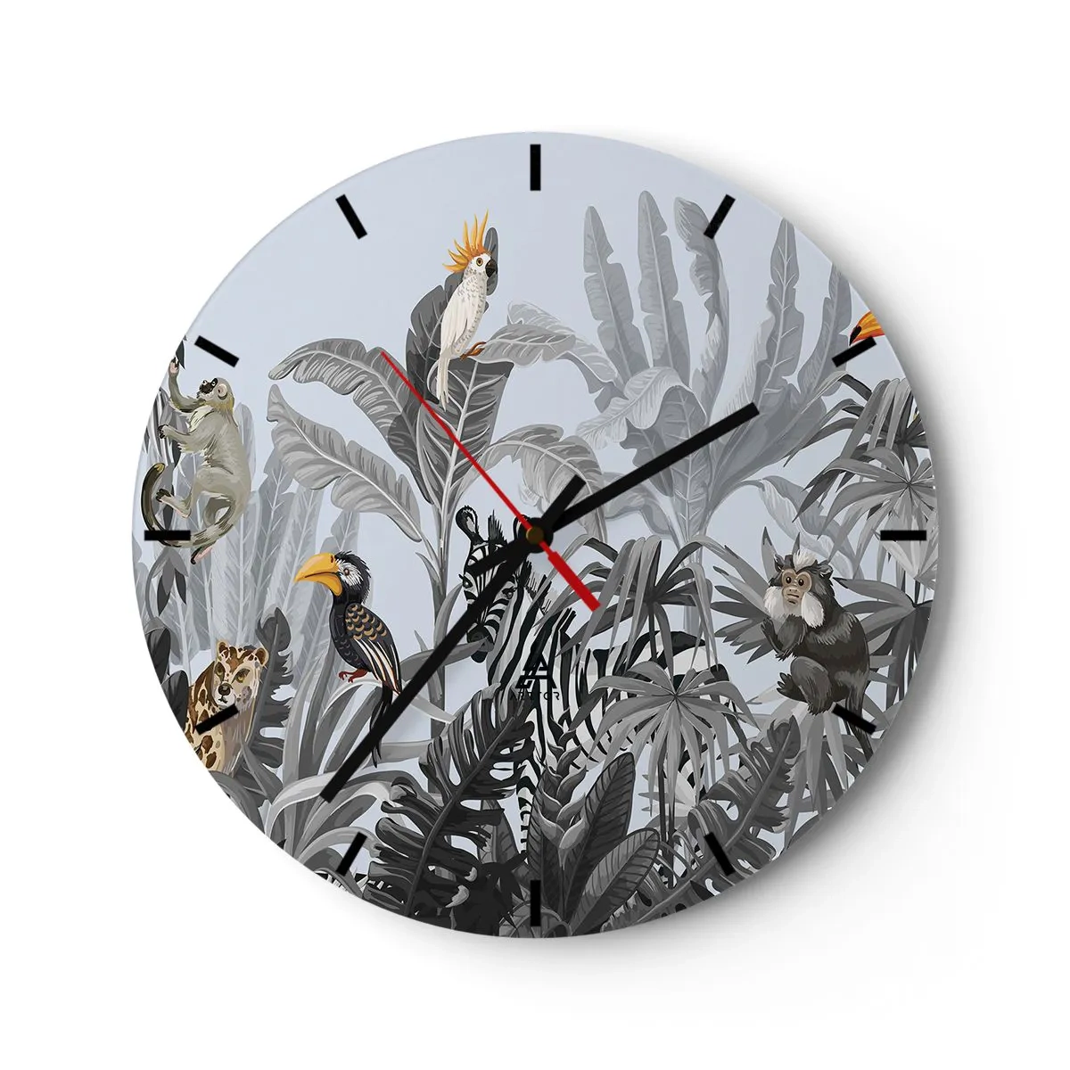 Wall clock - Clock on glass - Tropical plants with exotic animals against a jungle background - 30x30cm - African Fairy Tale - Modern wall decoration for the living room, kitchen, and bedroom ARTTOR