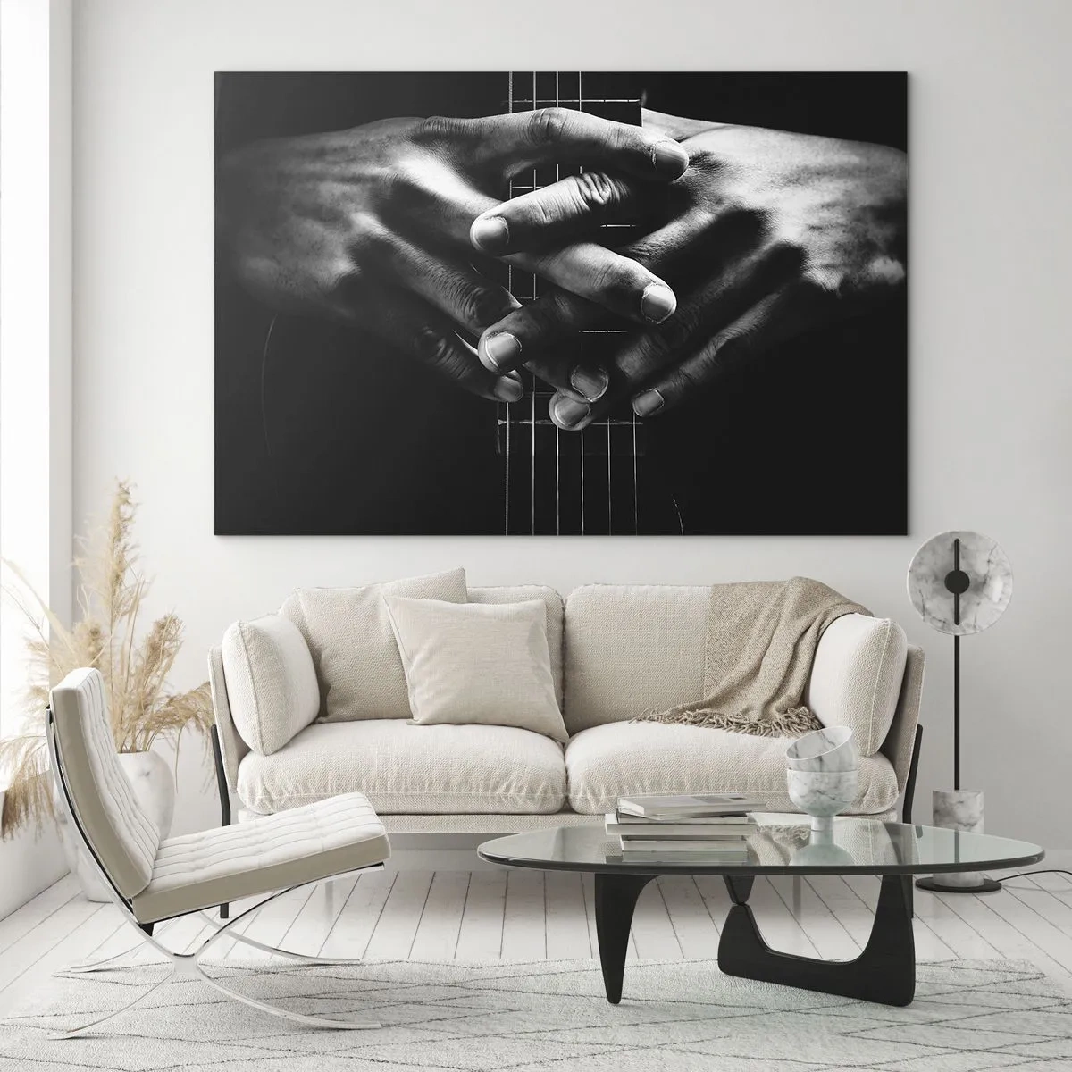 Glass picture - Clasped hands resting on the guitar neck in black and white - 70x50cm - Artist's Prayer - Modern wall decoration for the living room and bedroom ARTTOR